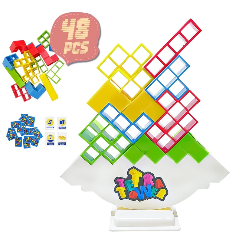 Yukei Tetra Tower For Adults, 16 To 48 Pcs Stacking Game With Expandable 16-Block Packs – Interactive Card-Driven, Eco-Friendly