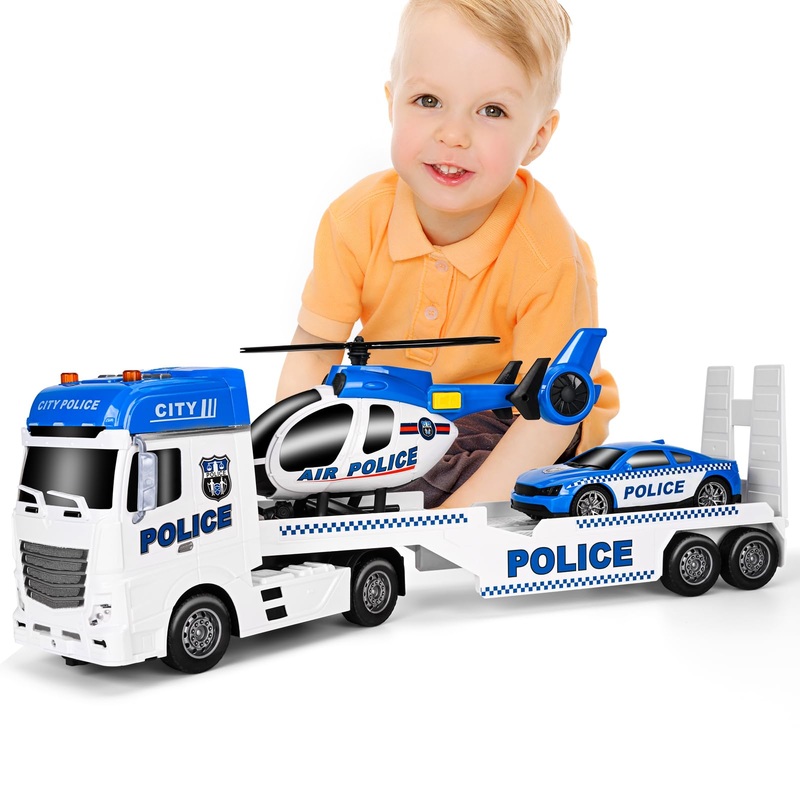 Zhfuys 25.6” Semi Truck Toy, Big Truck Toy With Police Car And Helicopter, Police Toys With Sounds & Lights, Great Gift For 3+Y