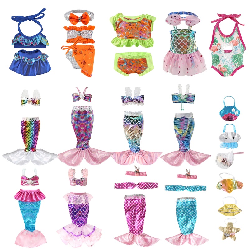 18 Inch Doll Clothes Accessories | 13-Pack Mermaid & Bikini Swimwear Sets With Hats, Bags | Adjustable For 16-20” Fashion Dolls