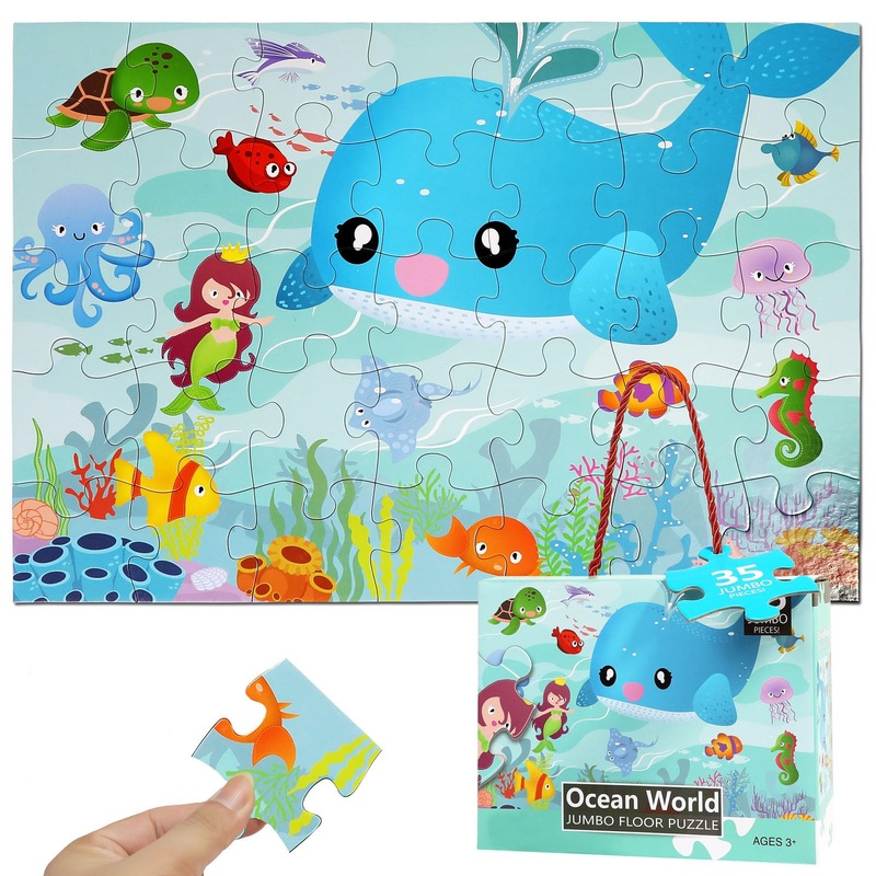 35 Piece Jumbo Ocean World Puzzle For Kids Ages 3-6, Educational Large Floor Puzzles With Bonus Puzzle Sticker Sheets, Perfect L
