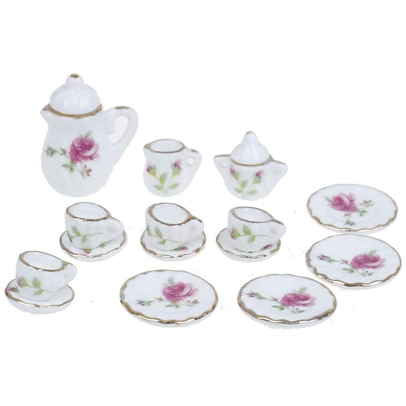 Coscosx 15 Pcs 1:12 Dollhouse Dining Ware Miniature Dish Cup Plate Pink Rose Chintz With Golden Trim Tableware Porcelain Ceramic