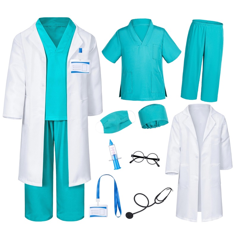 Doctor Costume For Kids Scrubs Pants With Accessories Set Children Party Cosplay Green 4T-5T