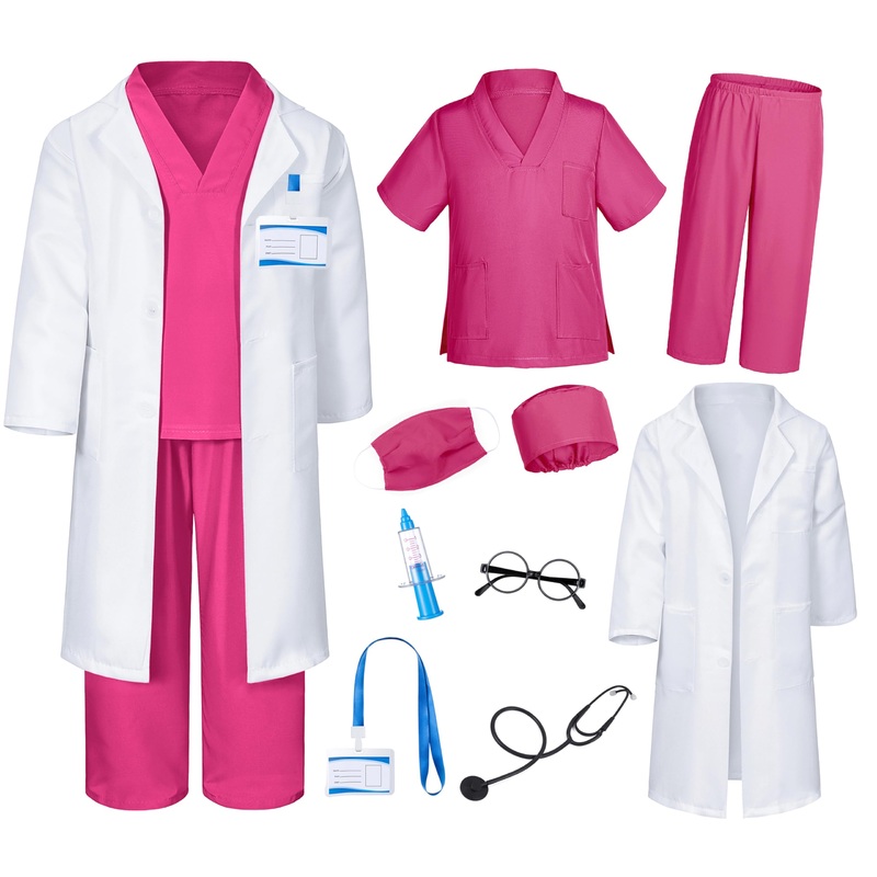 Doctor Costume For Kids Scrubs Pants With Accessories Set Children Party Cosplay Rose 3T-4T