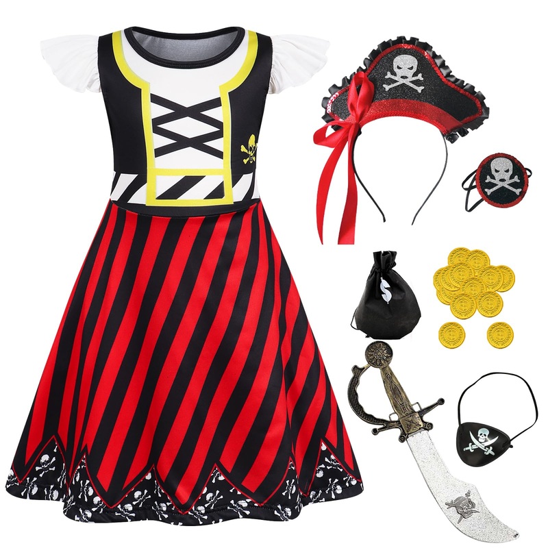 Eledobby Pirate Dress For Girls Pirate Costume Kids Halloween Cosplay Outfits Buccaneer Dress Up Birthday Party Dresses 7-8Years