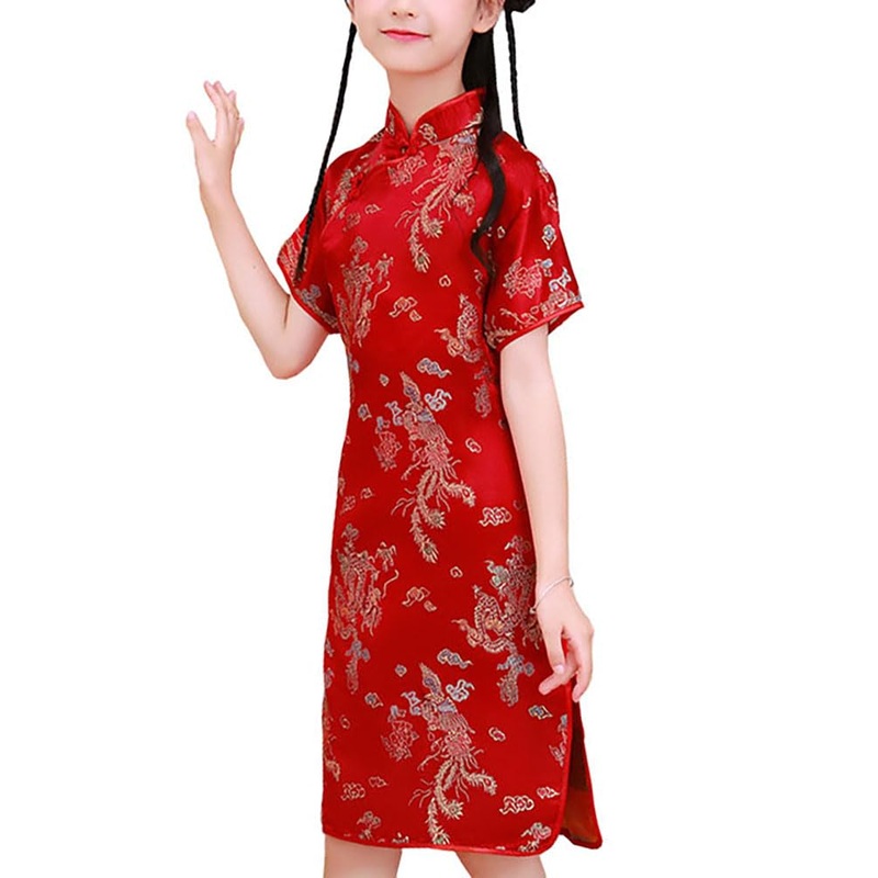 Girls Chinese Qipao Dress Dragon Pattern Short Sleeve Cheongsam Costume For Birthday Party Wedding (Us, Age, 7 Years, 8 Years, R