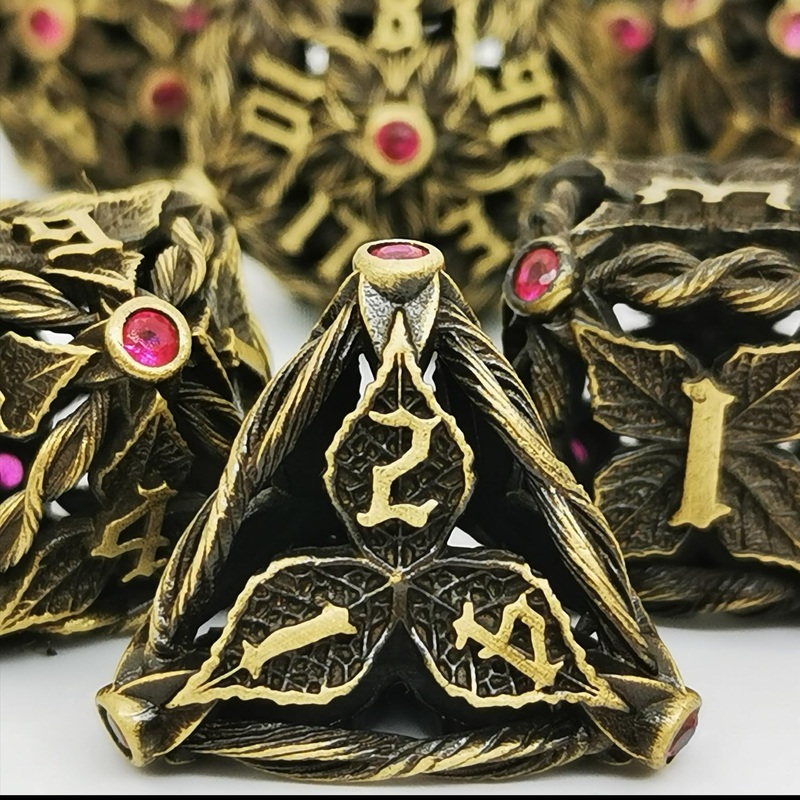 Haomeja Hollow Magic Vine Leaf Dnd Dice Set Metal Dice Set 7 Role Playing Dice D&D Dungeons And Dragons Dice (Ancient Bronze + R