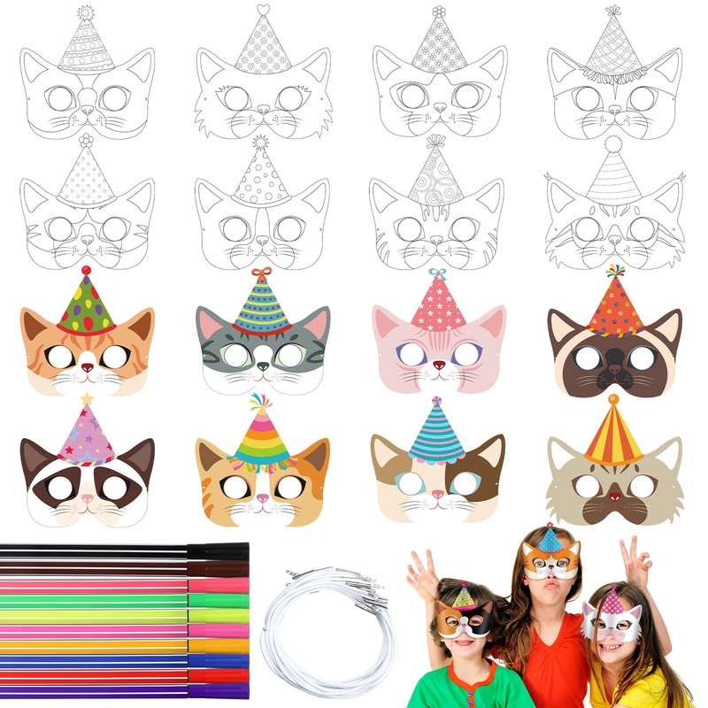 Lenwen 16 Set Animal Diy Masks Cat Coloring Mask Cat Party Mask With 24 Pcs Watercolor Pen Blank Mask Jungle Animal Unpainted Ma