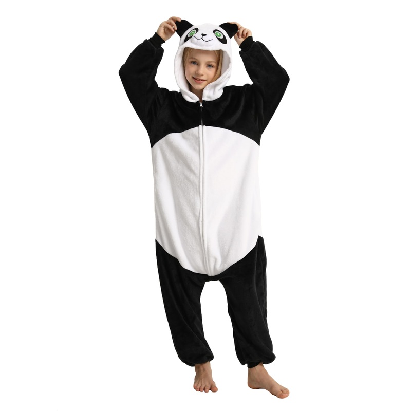 Lonulain Unisex Kids Animal Oneise Pajamas, Boys Girls Flannel Hooded Halloween Cosplay Costume/Homewear/Sleepwear (Panda,7-8 Ye