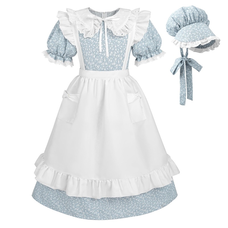 Ltakk Pioneer Dress Girls Colonial Costume Prairie Pilgrim Girl Dresses With Ruffled Pinafore, Stone Blue, Small, Age Over 4 Yea