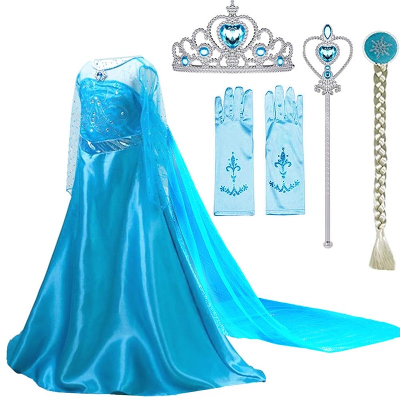 Sototoo Elsa Costume Long Sleeves Princess Dress Queen White Costume Cosplay Dress Up With Accessories Halloween (Blue 2,10-12Ye