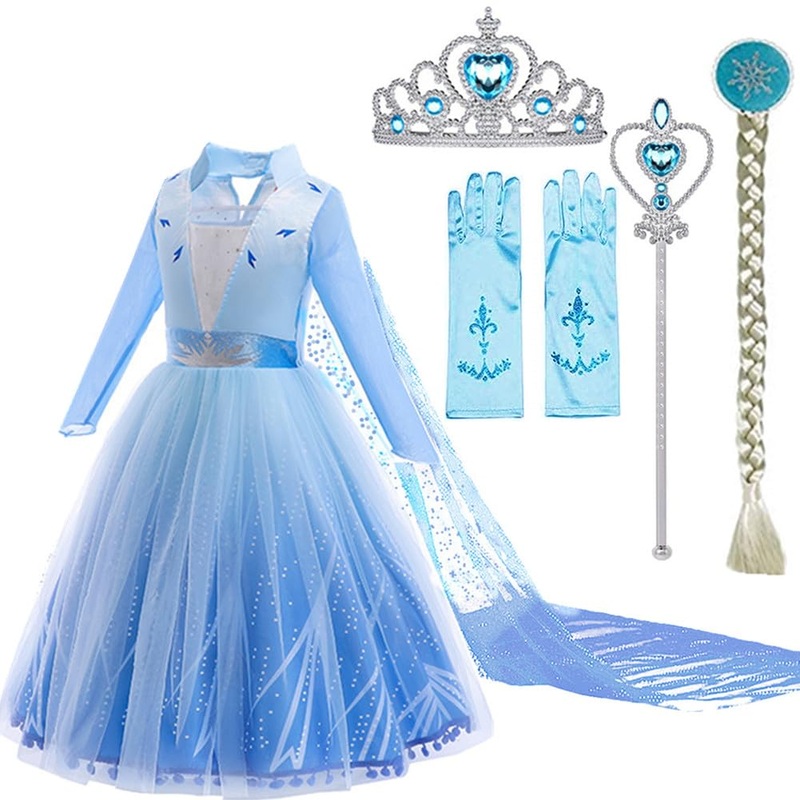 Sototoo Elsa Costume Long Sleeves Princess Dress Queen White Costume Cosplay Dress Up With Accessories Halloween (Sky Blue,7-8Ye