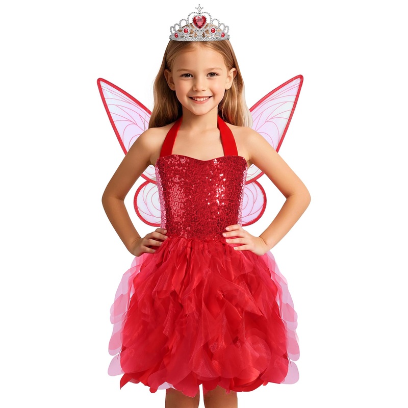 Soyoekbt Fairy Costume For Girls Princess Tutu Dress With Butterfly Wings For Girls Birthday Party Dress Up (Red, 7-8 Years)