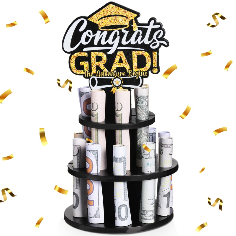 Thyle Graduation Gift Money Holder 2025 Graduation Gift Holders With 16 Holes Wooden Graduation Tiered Tray Cash Cake Graduation