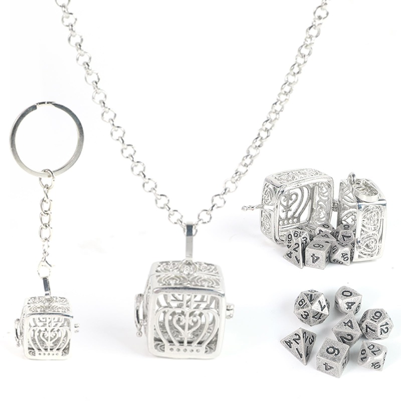 Xqidian Mini Dice Set With Copper Hollow Crown Necklace Dice Case Antique Tiny Small Metal Dnd Dice Set D&D Portable 7Pcs Keycha