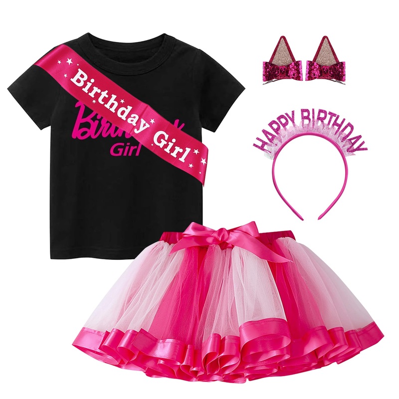 Yodison Girls Birthday Costume,T-Shirt And Tutu Dress,Headband Satin Sash Birthday Party For Kids(140Cm/7-8T) Black