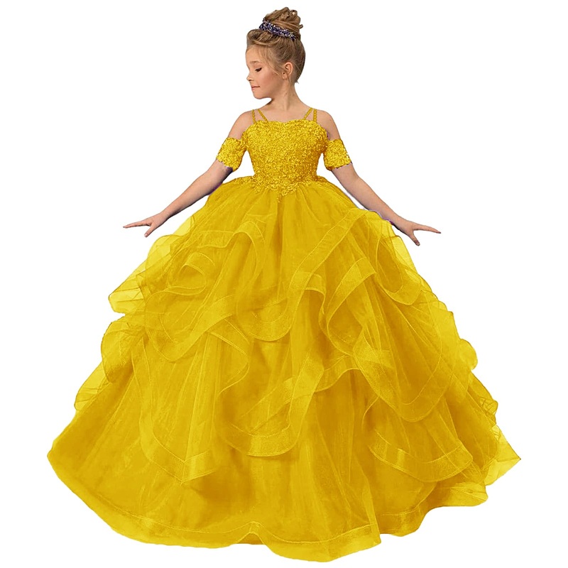 Zpvp Long Girls Pageant Dress Mustard Yellow Flower Girl Dress Princess Ruffles Beaded Appliques Tulle Wedding Party Costumes Us