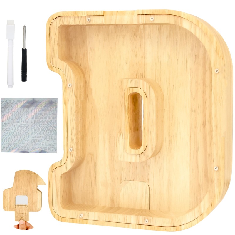 Bitreeworks Letter Piggy Bank, Personalized Wooden Coin Banks, Large Wood Money Peny Bank For Adults (9”, Alphabet D)