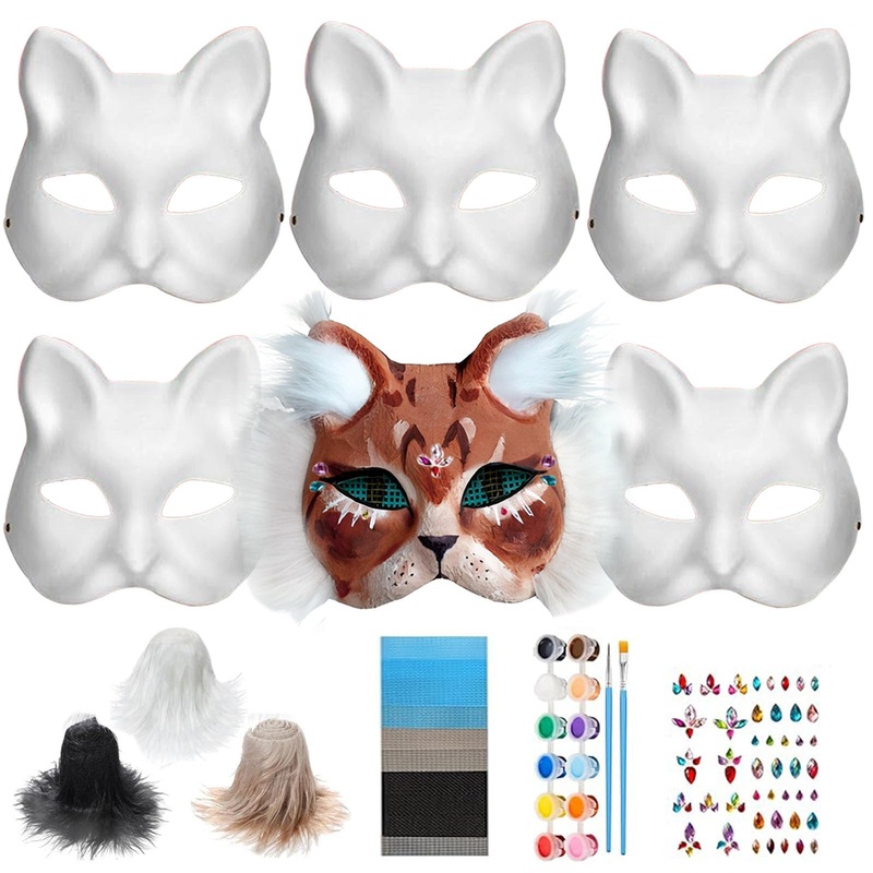Blltyy 6Pcs Cat Mask With Fur And Eye Mesh, Diy Animal Mask, Arts & Crafts,Paper Blank Masksto Paint, Costume Masks For Hallowee