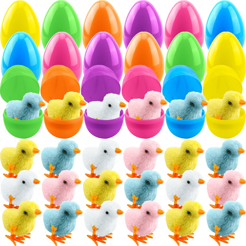Cagemoga 40 Pack Easter Eggs Prefilled Wind Up Plush Wingless Chick Toys For Easter Egg Hunt Game Easter Basket Stuffers Party S