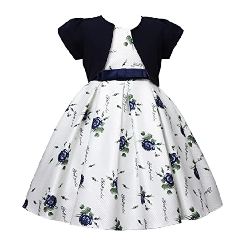 Cosplay Life Elegant Flower Dress For Girls Young Adult Fashion Bow Flower Waistline Kids Party Festival Ages 5-9 Years Old (Nav