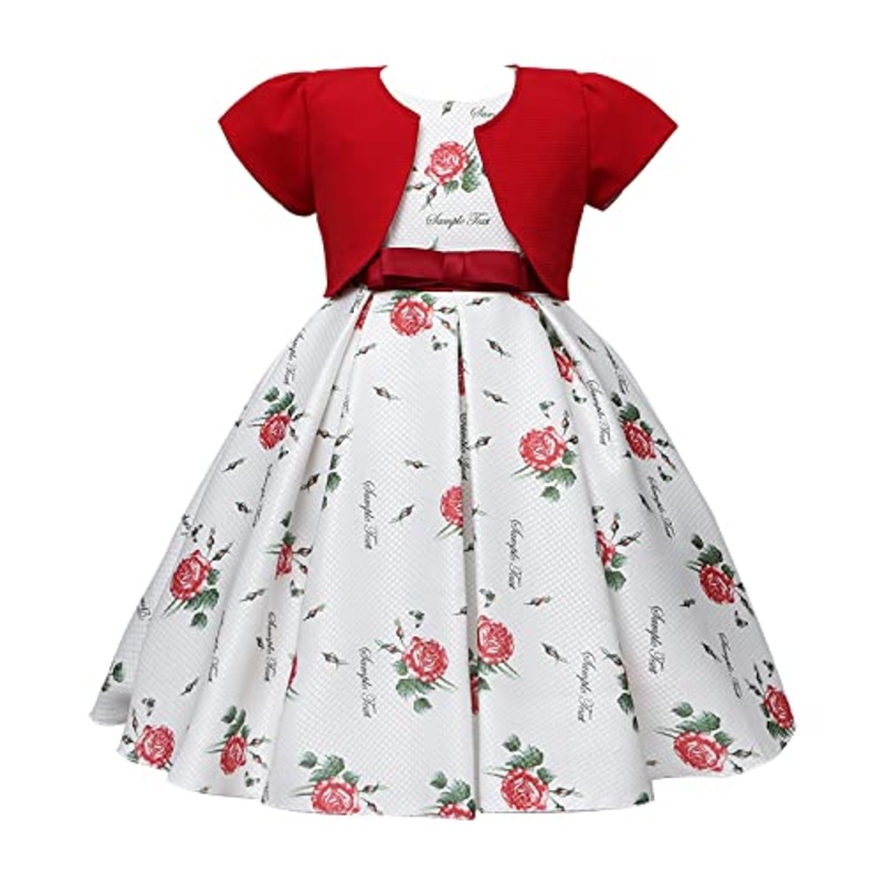 Cosplay Life Elegant Flower Dress For Girls Young Adult Fashion Bow Flower Waistline Kids Party Festival Ages 5-9 Years Old (Red