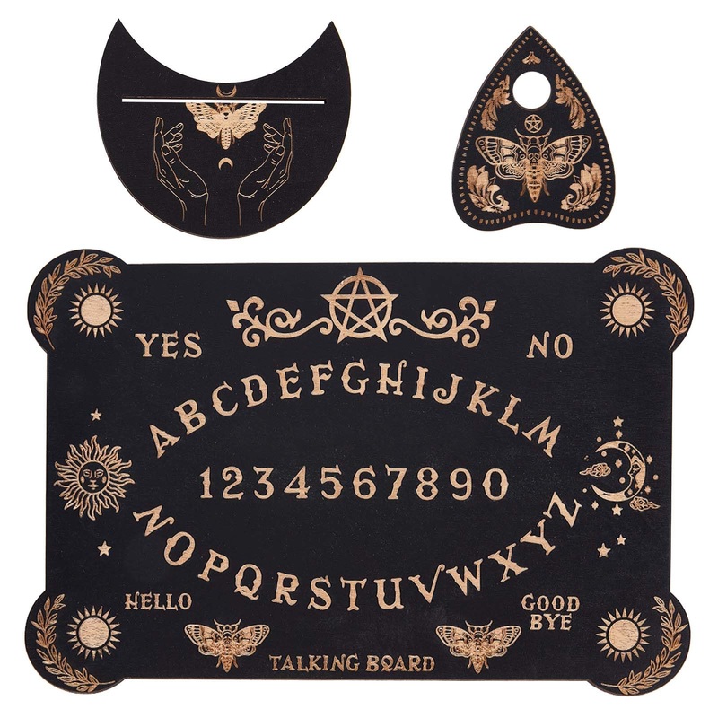 Creatcabin 3Pcs Wooden Spirit Board Kit Tarot Card Stand Holder Moth Divination Board Set With Planchette Black Altar Card Displ