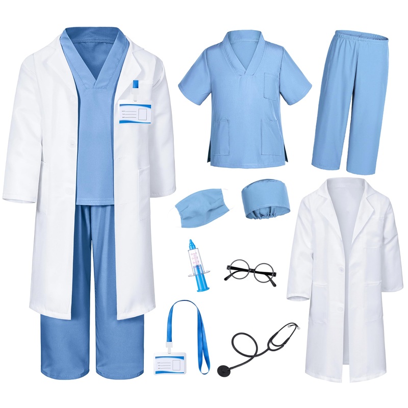 Doctor Costume For Kids Scrubs Pants With Accessories Set Children Party Cosplay Light Blue 10-12 Years