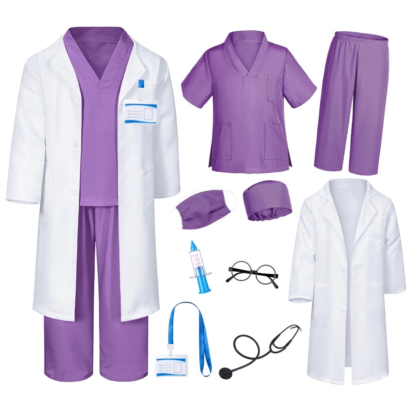 Doctor Costume For Kids Scrubs Pants With Accessories Set Children Party Cosplay Purple 4T-5T
