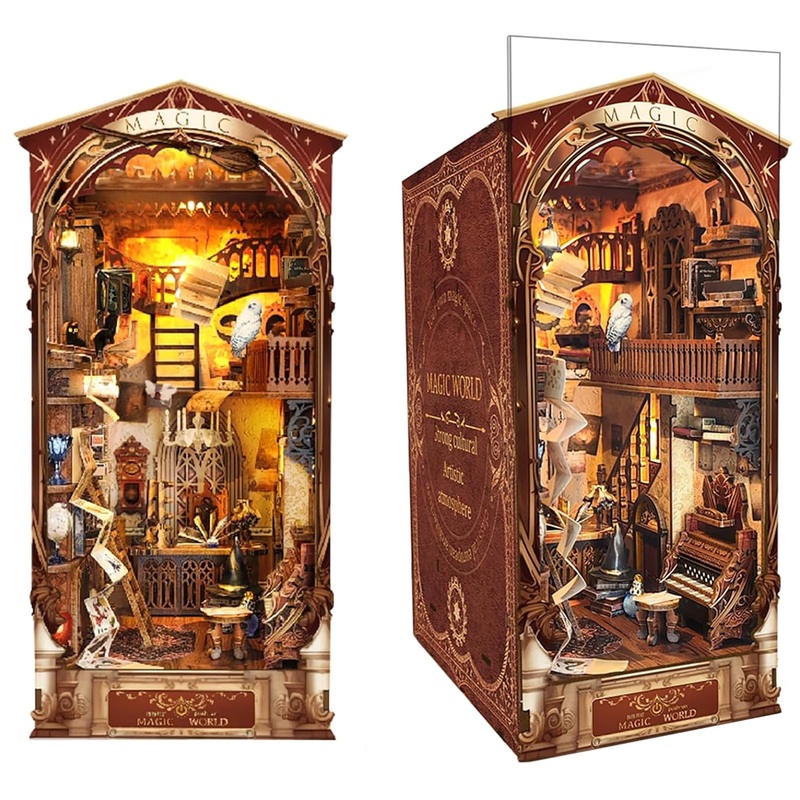 Fifijoy Book Nook Kit, Diy Miniature House Kit, Bookshelf Insert Decor With Led Light, 3D Wooden Puzzle Booknook Model Build, Cr