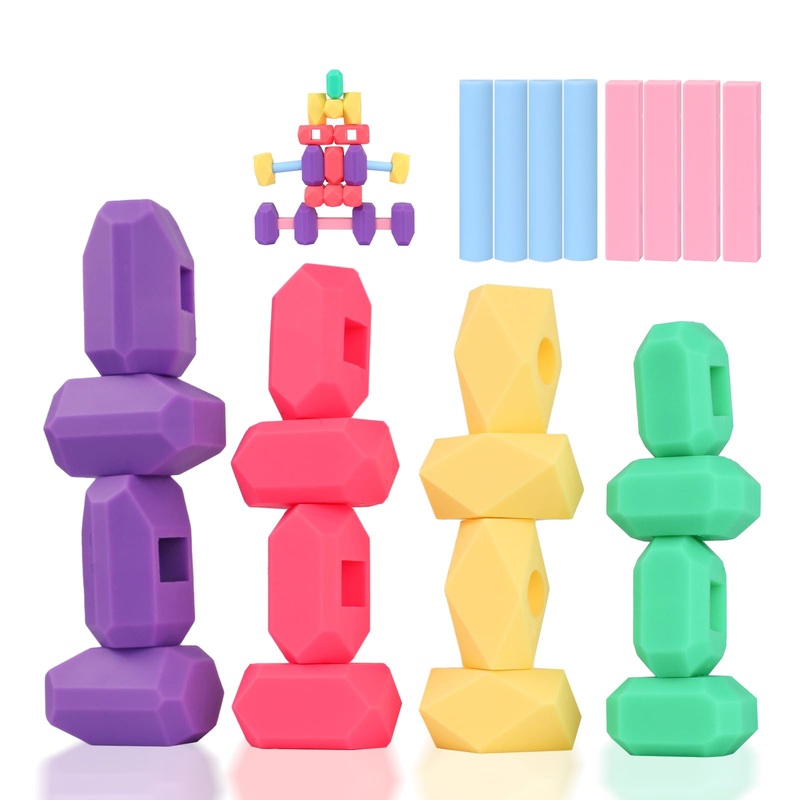 Henglisam Sorting Stacking Rocks, 24Pcs Silicone Building Blocks Rocks Games, Montessori Toys Sensory Toy Blocks