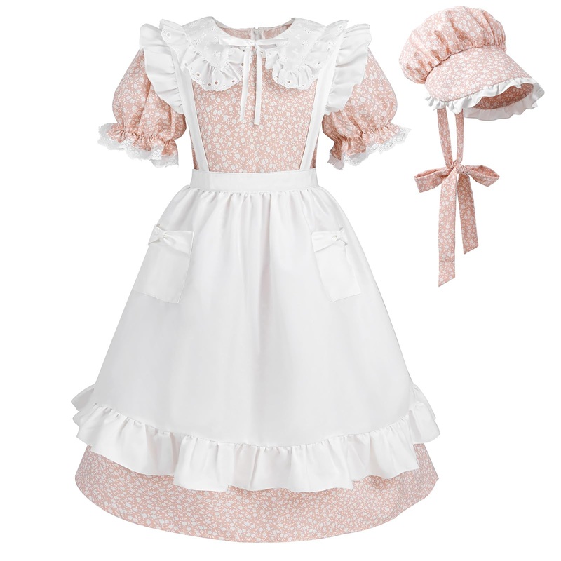 Ltakk Pioneer Dress Girls Colonial Costume Prairie Pilgrim Girl Dresses With Ruffled Pinafore, Peach, Medium, Age Over 4 Years O