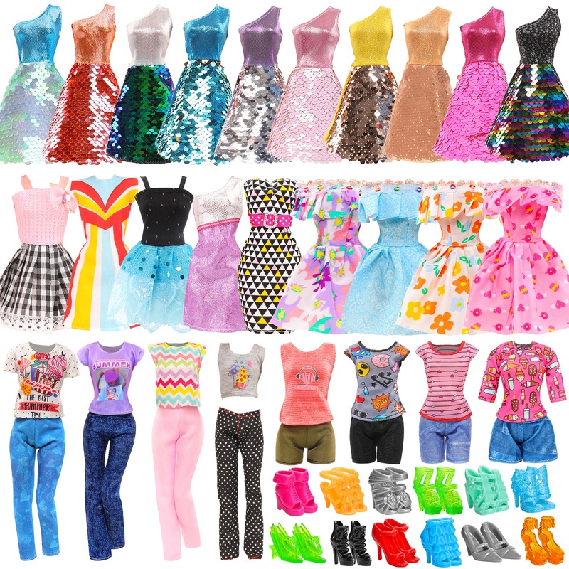 Miunana 23 Pcs 11.5 Inch Girl Doll Fashion Top And Pants 10 Pairs Of Girl Doll High Heels Shoes,Girl Dolls Sequin Dress For Doll