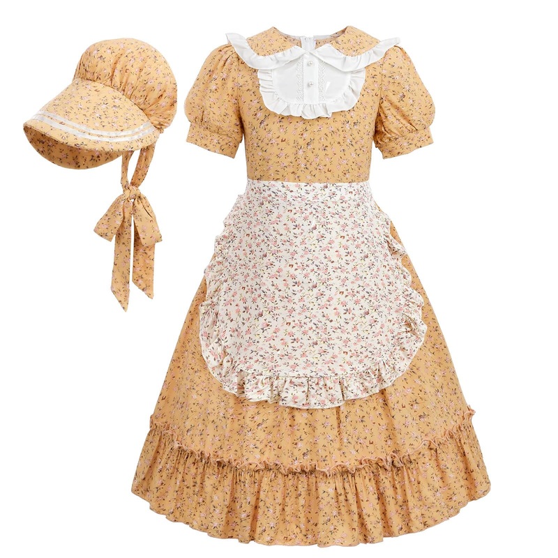Nuoqi Prairie Dresses For Girls, Yellow Laura Ingalls Wilder Costume Pioneer Colonial Dress With Apron, 4-5