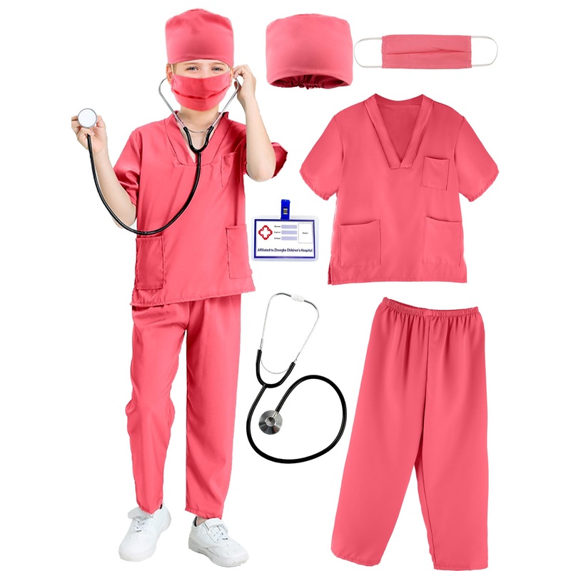 Puteraya Kids Doctor Scrubs Costume Set Doctor Surgical Suit Uniform For Boys Girls Dress Up Halloween Cosplay (Pink, 10-12 Year