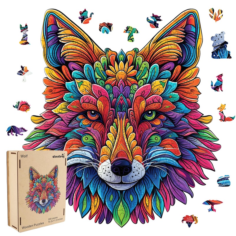 Qiuenisray Original Wooden Jigsaw Puzzles-Wolf,200Pcs,Medium 10.2X11.2In,Wooden Puzzles For Adults,Unique Shape Animal Adult Puz