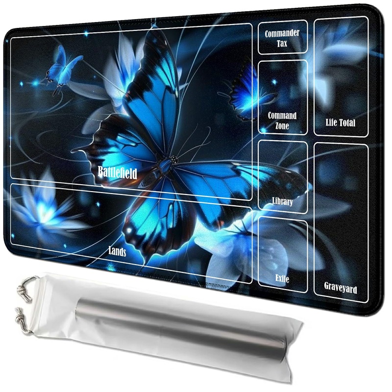 Rwutytiul Blue Butterfly Card Playmat 24 X 14 Inch With Tube Bag, Card Gameplay Desk Mat With Zones For Commander Deck Mtg Rpg C