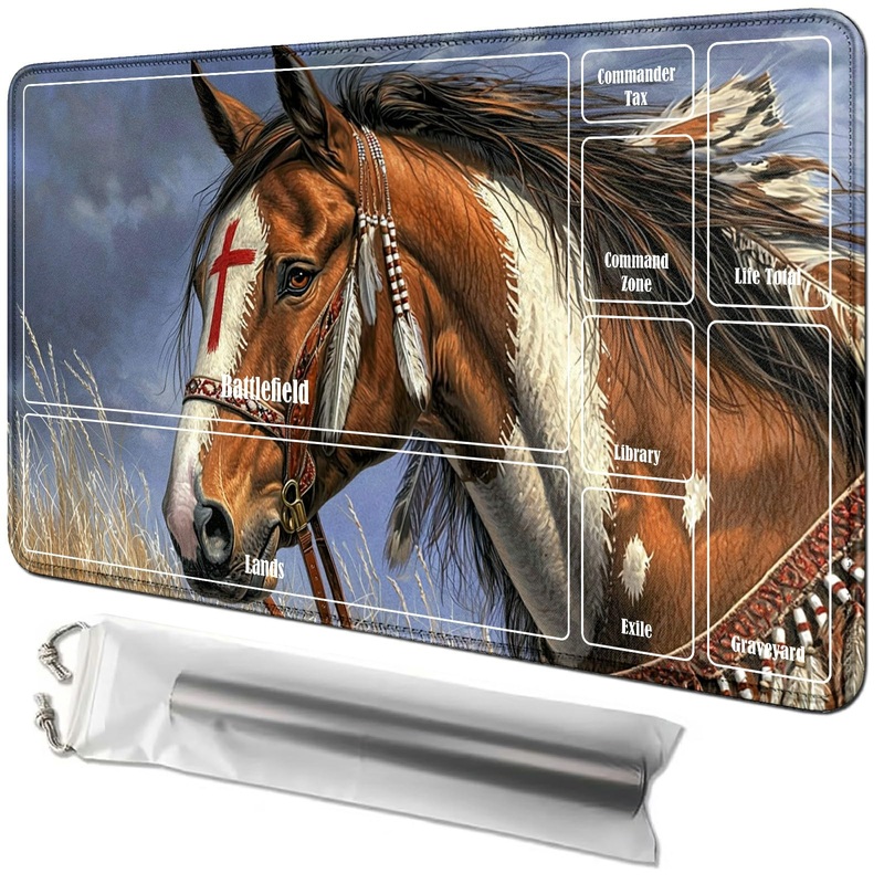 Rwutytiul Gray Sky Horse Card Playmat 24 X 14 Inch With Tube Bag, Card Gameplay Desk Mat With Zones Commander Deck Board Mtg Rpg