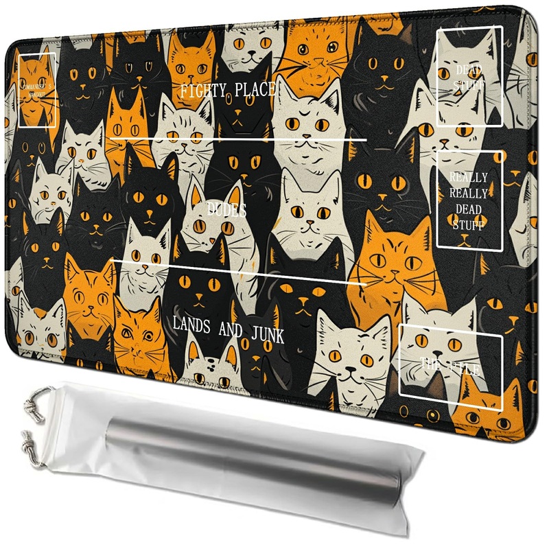 Rwutytiul Orange White Cat Card Playmat 24 X 14 Inch With Tube Bag, Card Gameplay Playmat With Zones Commander Deck Board Mtg Rp
