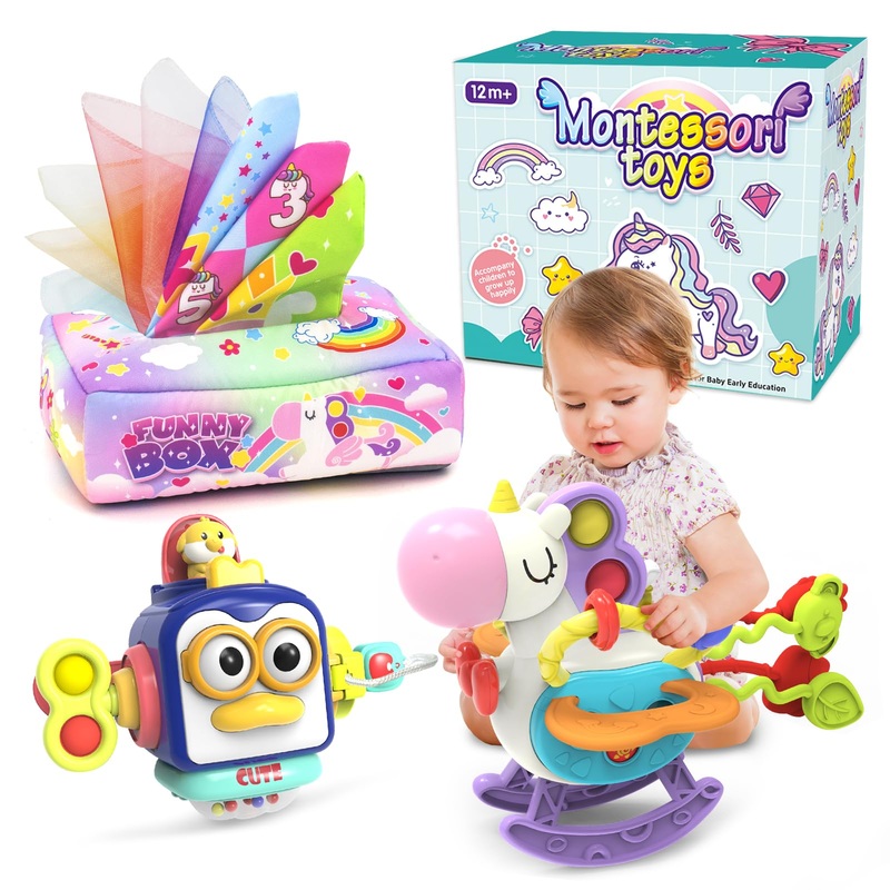 Seveclotree Babies Toys For 12 Months,Sensory Toys For Toddlers 1-3, 3 In 1 Activities Busy Cube,Pull String Teether And Baby Ti