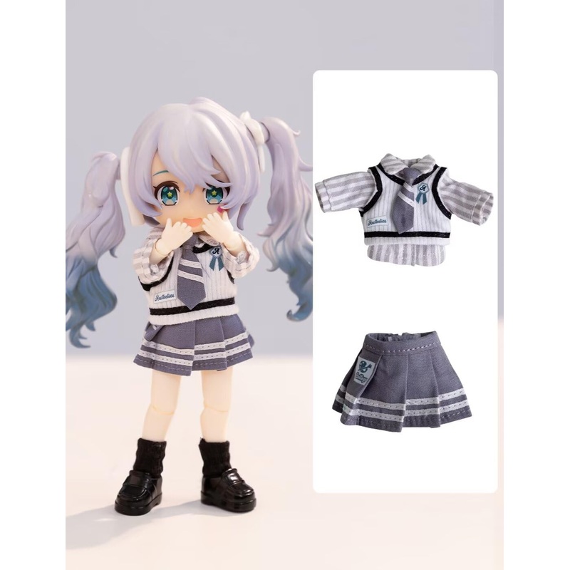 Ymy Ob11 Doll Clothes 1/12 Scale Shirt Tie Waistcoat Dress Girls Uniform Set For Bjd Gsc Doll Clothing(Blue)