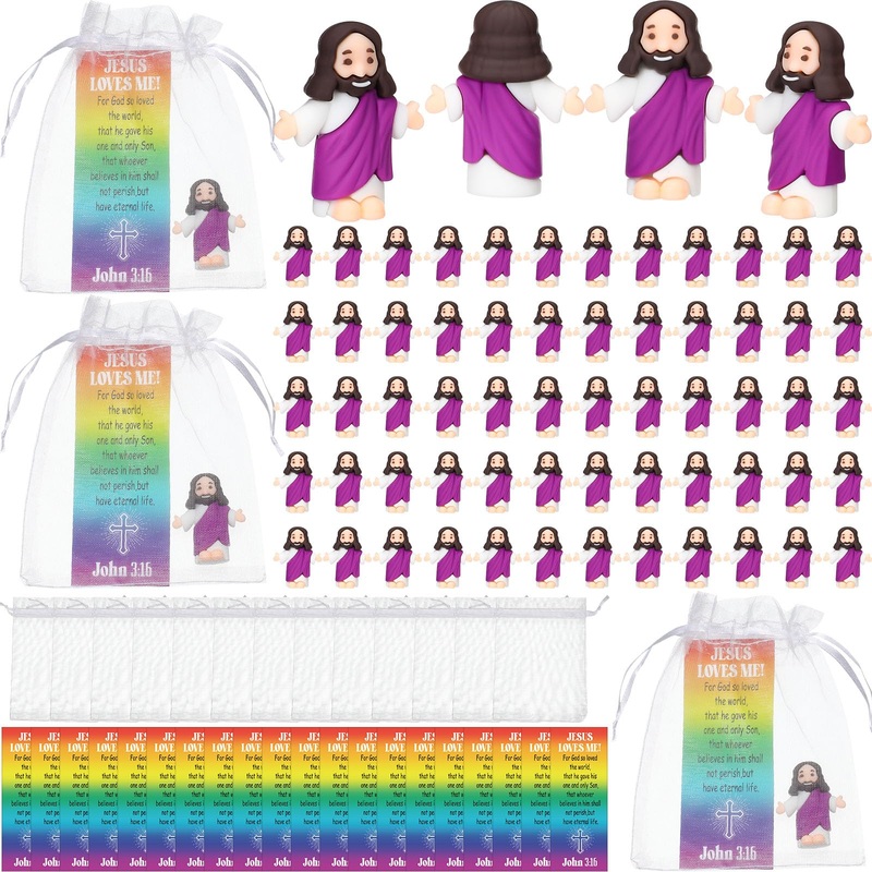 Barydat 75 Sets Mini Jesus Figurines Easter Toys Little Tiny Jesus Figures With Scripture Prayer Cards And Organza Bags Religiou