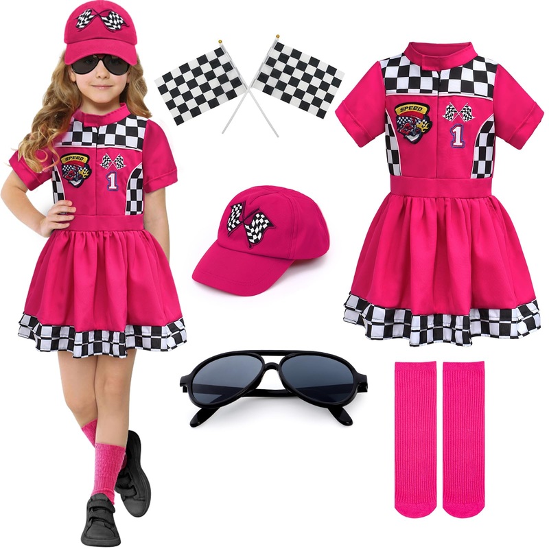 G.C 8Pcs Kids Girls Race Car Driver Costume Toddler Racing Suit Rose Red Racer Dress Costumes Accessories Car Cap Knee Socks Sun
