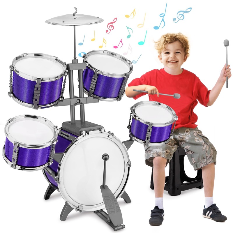 Kids Jazz Drum Set Rock Kit Toys For 3-7 Year Olds – 5 Piece Toddler Band Musical Instrument Educational Percussion Birthday Pla