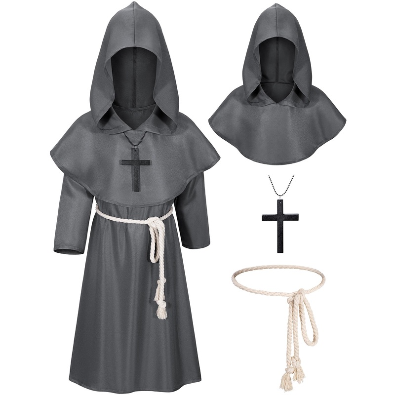 Kids Medieval Renaissance Monk Costume Priest Friar Wizard Cloak Hooded Robe Cosplay Costume Belt Necklace Set(Gr 150)