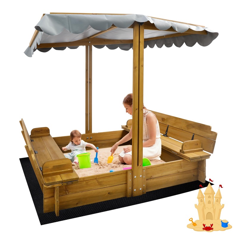 Kids Sandbox With Lid, Wooden Sand Box With Cover Outdoor, Uv-Protection & Natural Wood, Foldable Bench Seat, Adjustable Canopy,
