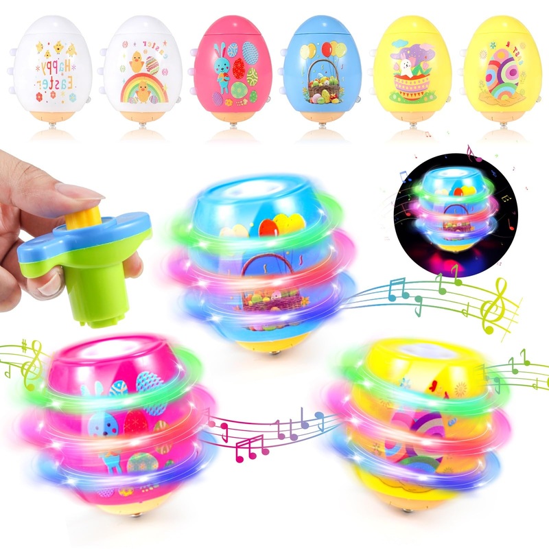 Light Up Easter Eggs Toy Gifts For Kids, 6 Cute Easter Egg Spinning Tops With Flash & Music, Easter Basket Stuffers Essentials,