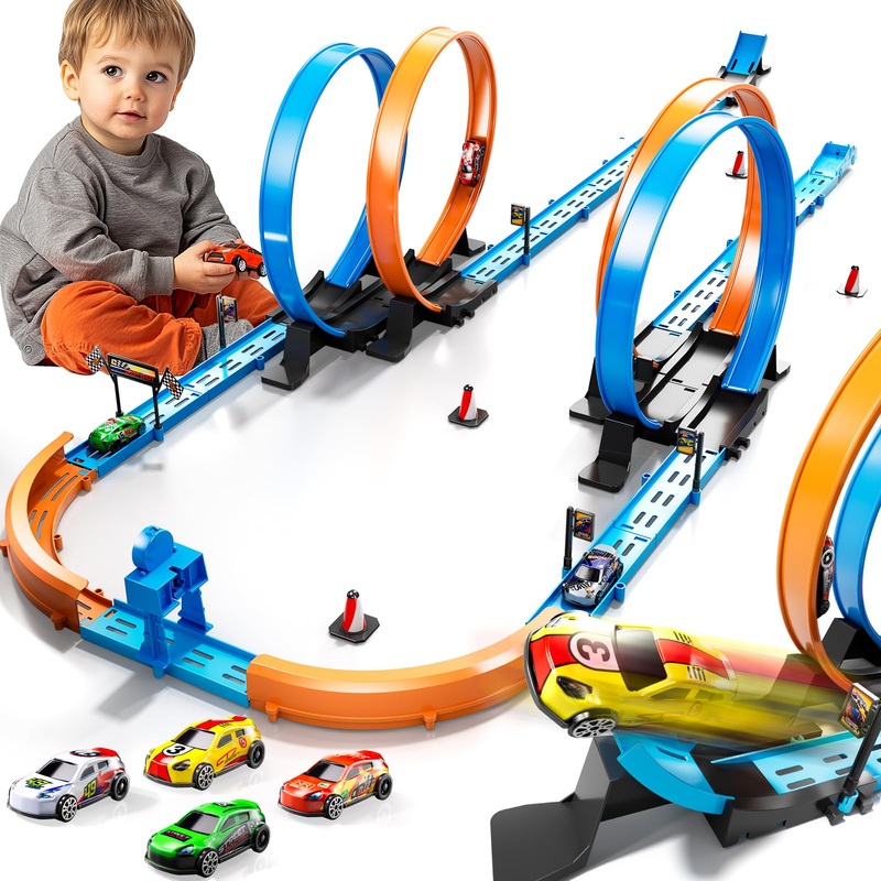 Lilybuds Toy Car Track Set For Boys Kids Age 3-5 4-7 8-12, Long Race Tracks With 4 Action Loops And 4 High-Speed Slot Cars, 35+