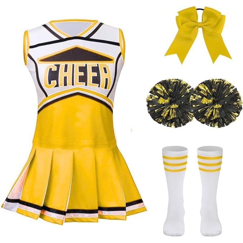 Lmyove Classic Yellow 5-Piece Cheerleading Set For Kids – Includes Top, Skirt, Pom Poms, Headband, And Socks,6-7Y