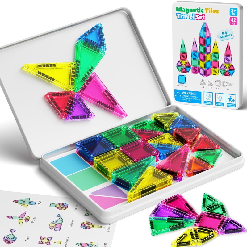 Meiq 42Pcs Mini Magnetic Tiles Travel Set With Iron Storage Box – Portable Stem Building Blocks For Kids 3-8, Montessori Educati