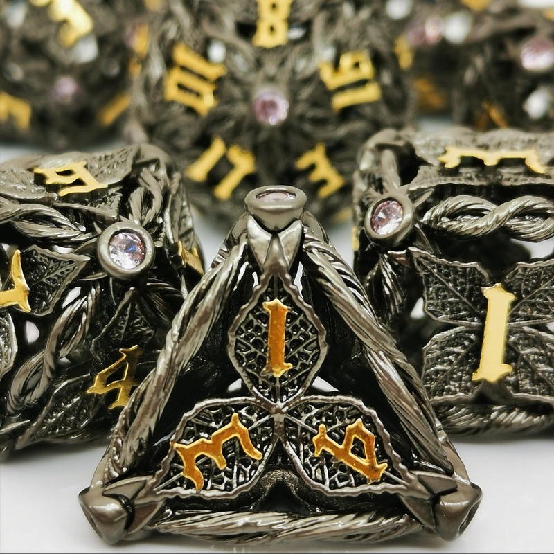 Mjdiceok Hollow Magic Vine Leaf Dnd Dice Set Metal Dice Set 7 Role Playing Dice D&D Dungeons And Dragons Dice (Black + Purple Ge